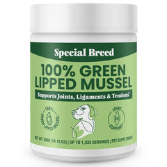 Special Breed polvo mejillón labio verde en envase de 400 g, apoyo natural para articulaciones.