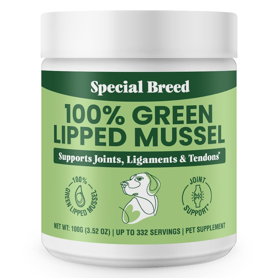 Special Breed polvo mejillón verde 100 g en empaque, apoyo natural para articulaciones de perros y gatos.