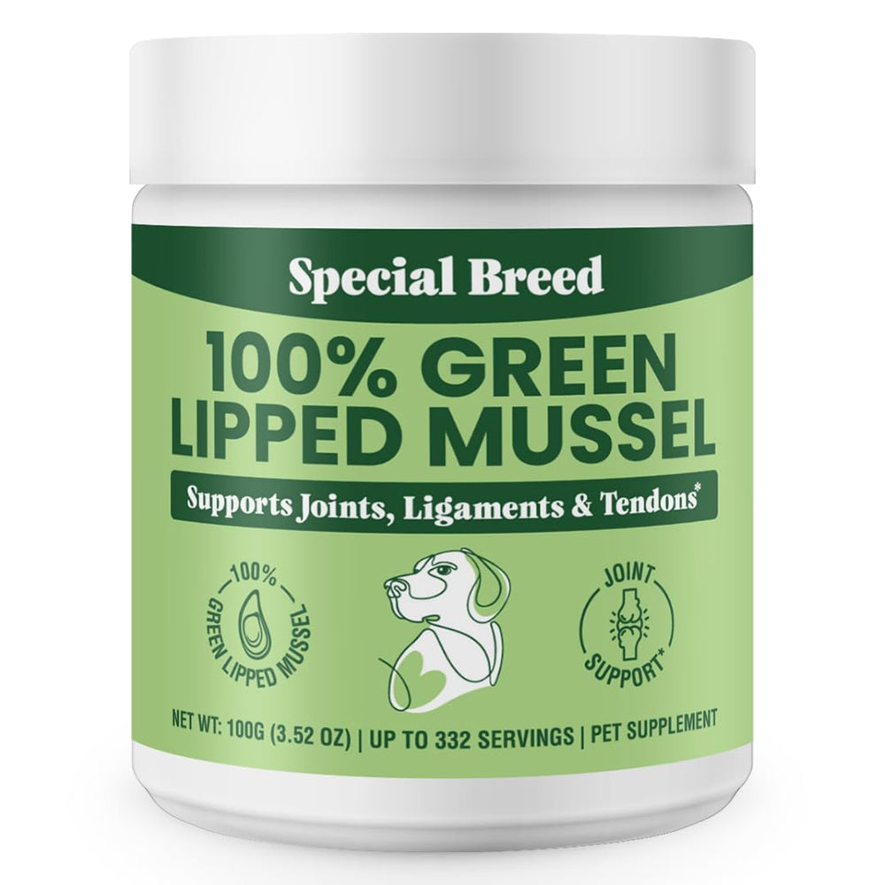 Special Breed polvo mejillón verde 100 g en empaque, apoyo natural para articulaciones de perros y gatos.