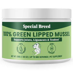Special Breed polvo mejillon verde bote, apoyando la movilidad de perros y gatos.