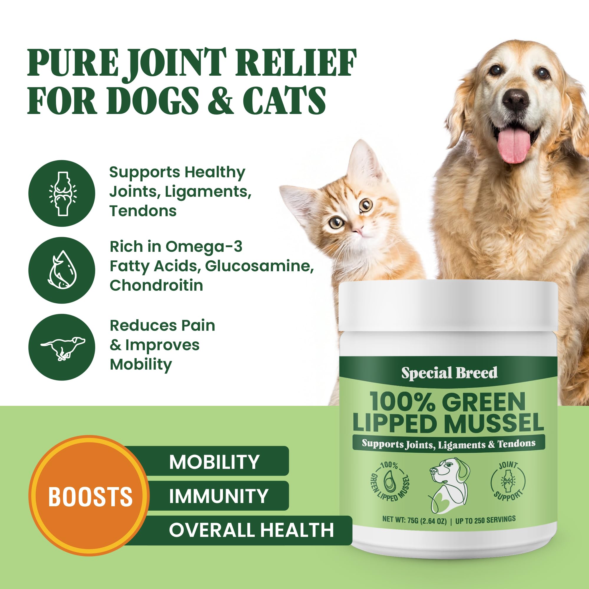 Special Breed polvo mejillón verde para gatos, mejora movilidad.