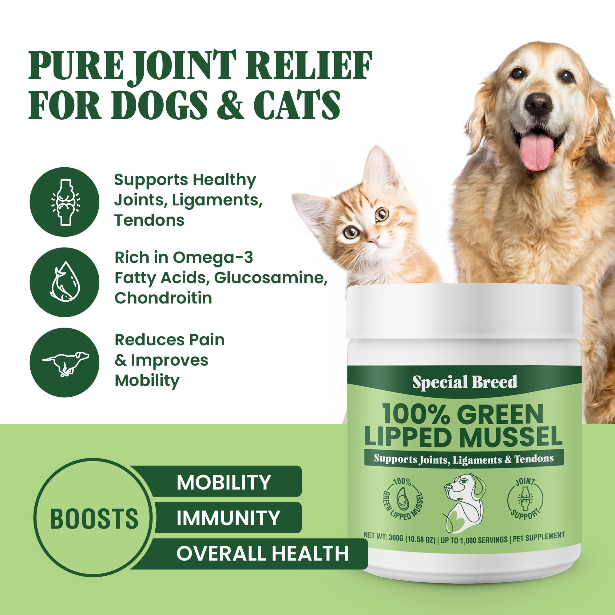Special Breed polvo mejillon verde para perros y gatos, cuchara medidora para dosificar fácilmente.