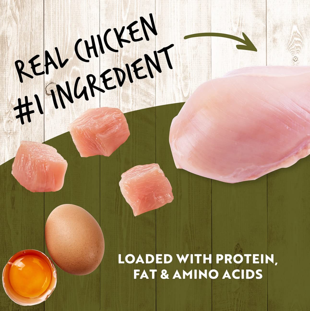 Ingredientes de K95 Pollo muestran vegetales y frutas beneficiosas.