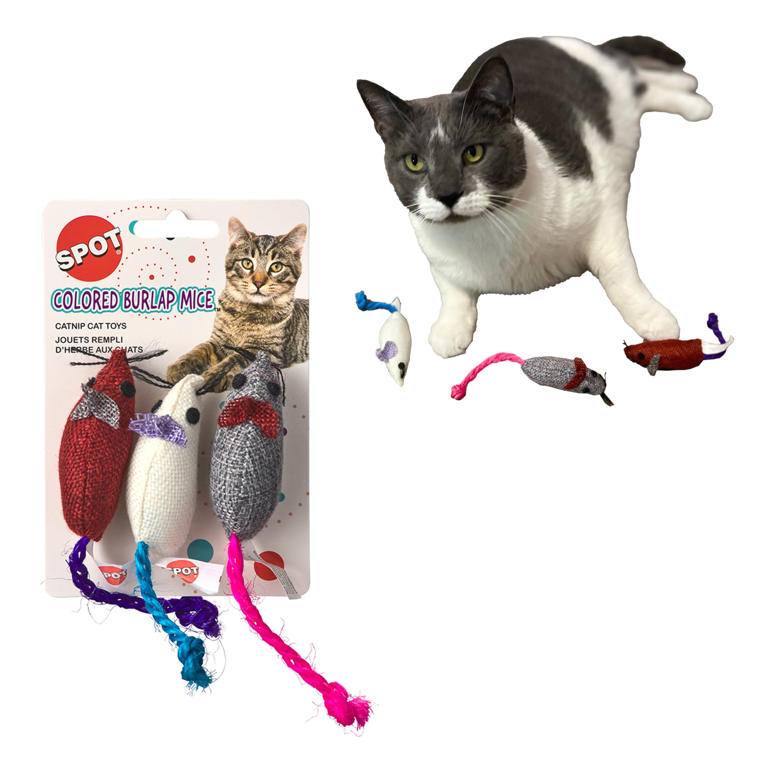 SPOT ratón interactivo de arpillera para gatos, ideal para juego en interiores.