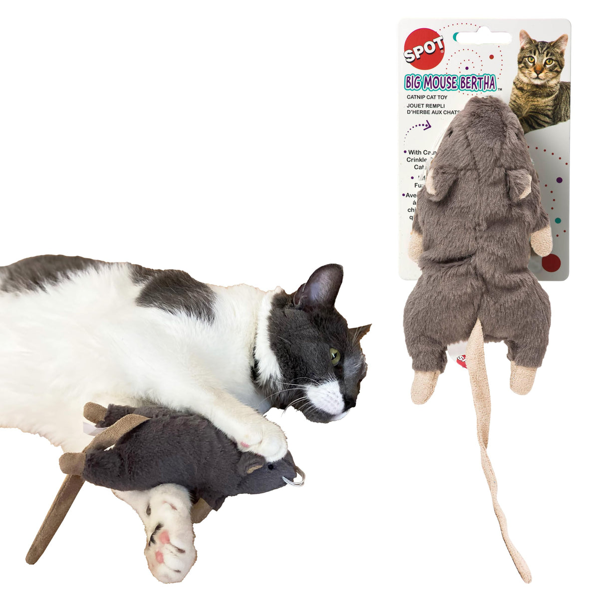 SPOT Big Mouse Bertha, juguete de peluche para gato, ideal para acechar y abrazar