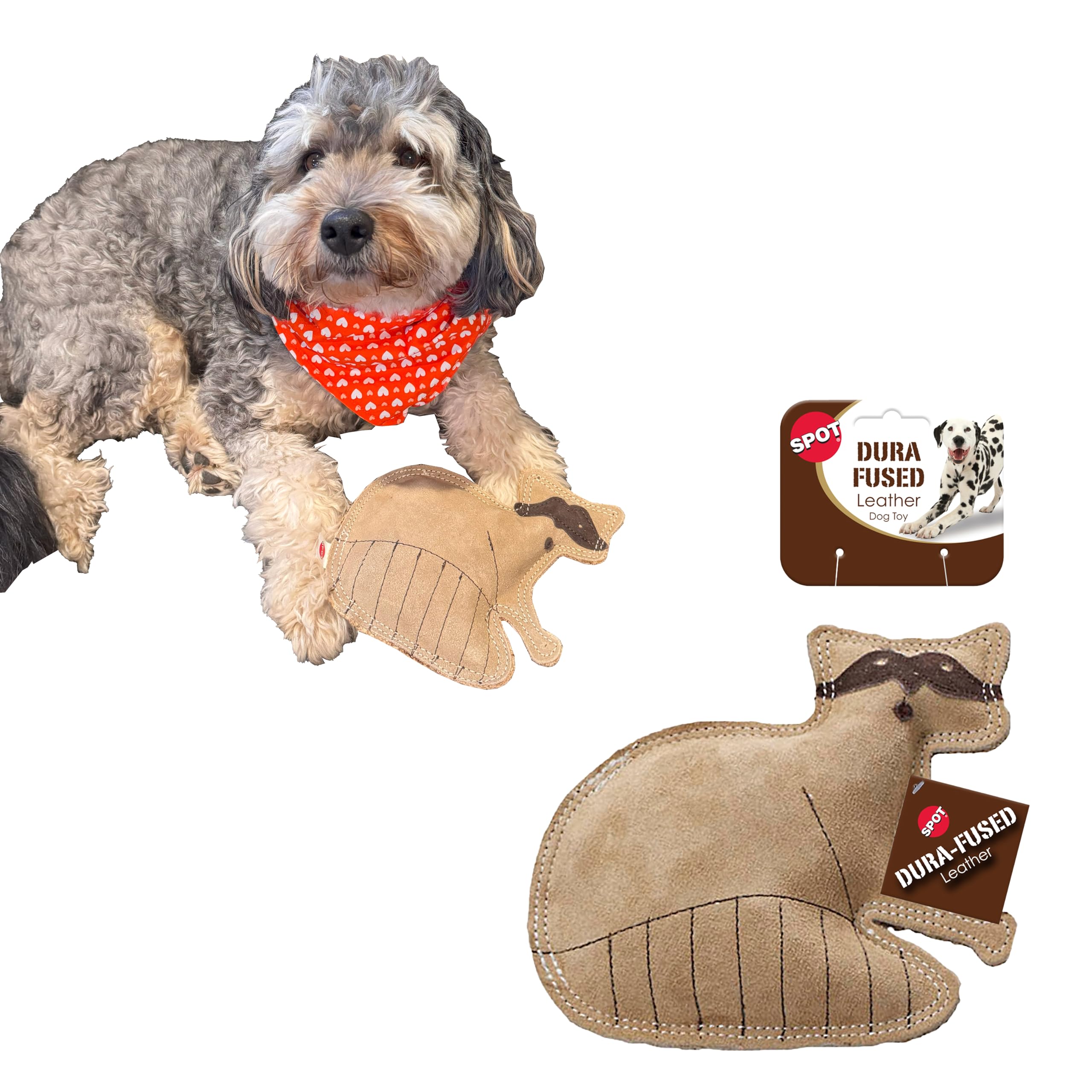 SPOT mapache: cuero real yute, juguete duradero para mordidas moderadas.
