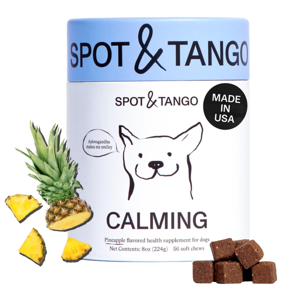Spot & Tango empaque frontal de bocaditos calmantes para perros.