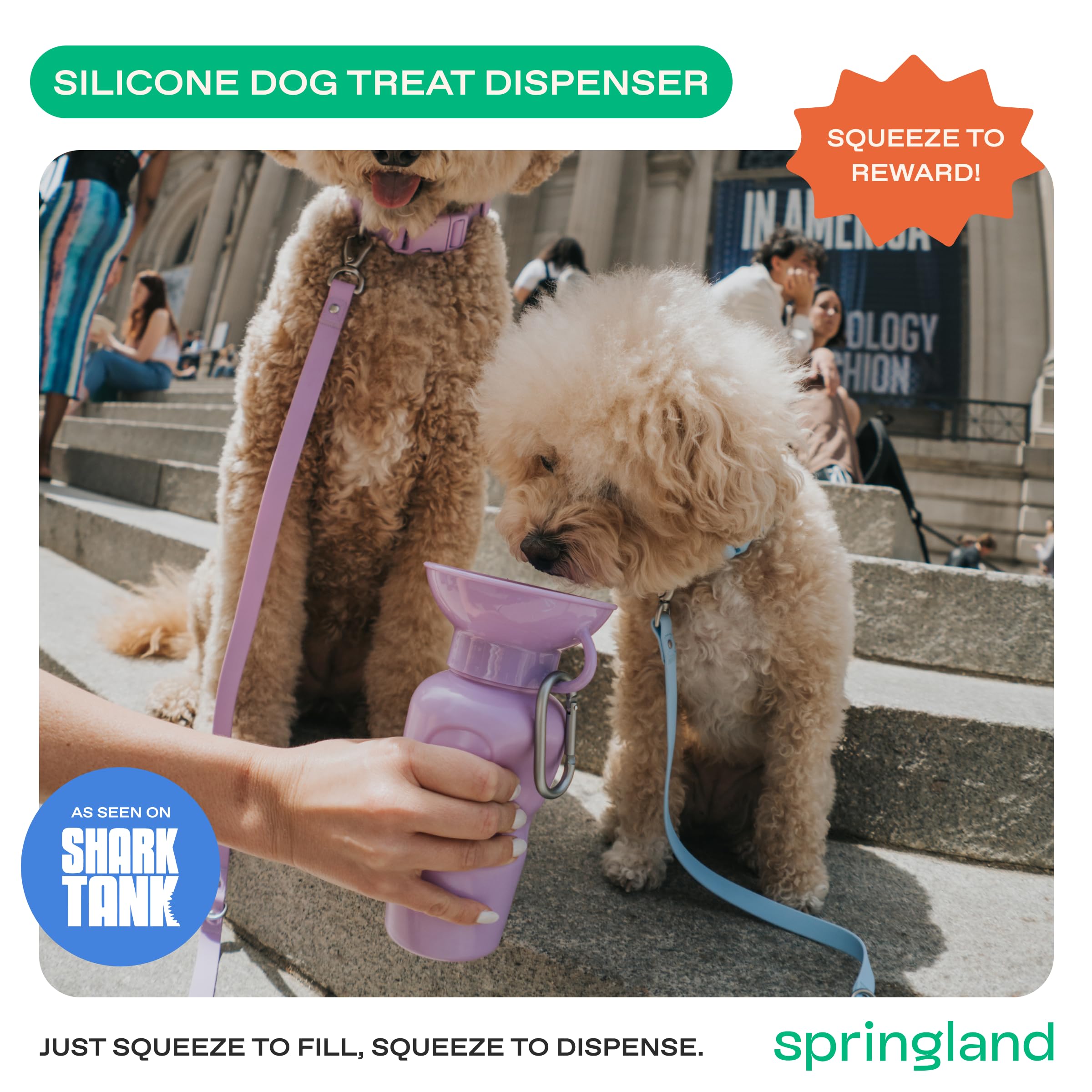 Springer dispensador-agua-portatil para perros, uso con una mano.