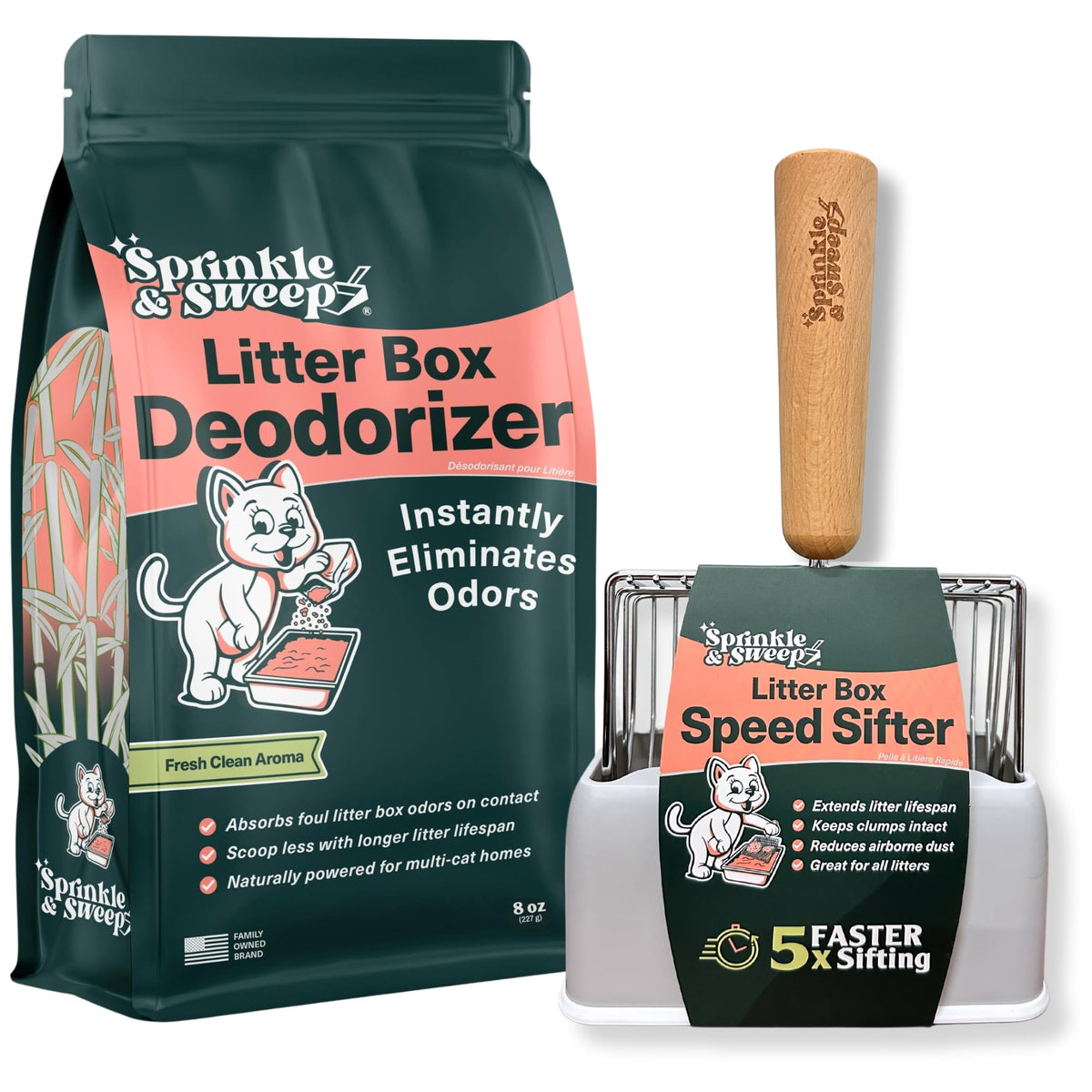 Sprinkle & Sweep desodorante para arenero, elimina olores rápidamente.