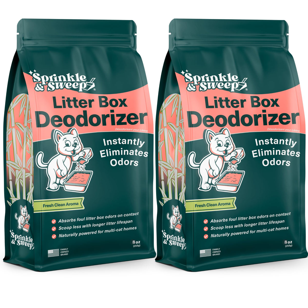 Sprinkle & Sweep desodorizante para arena de gato en frasco, neutraliza olores y alarga la frescura.