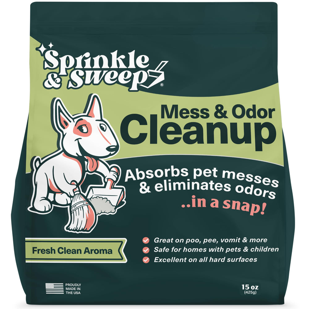 Sprinkle & Sweep elimina olores de mascotas en superficies duras, sin dejar residuos.