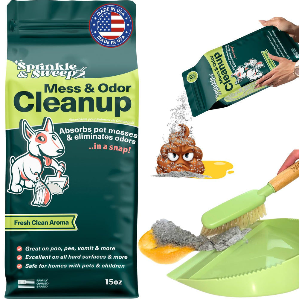 Sprinkle & Sweep botella de limpiador de pis para perros, limpia rápido y sin residuo.