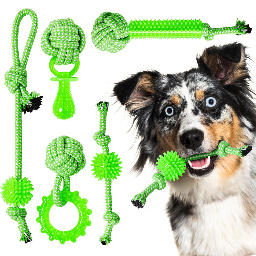SQBG Juguetes para cachorros 5-pack: entretenimiento y masticación segura para cachorros activos.