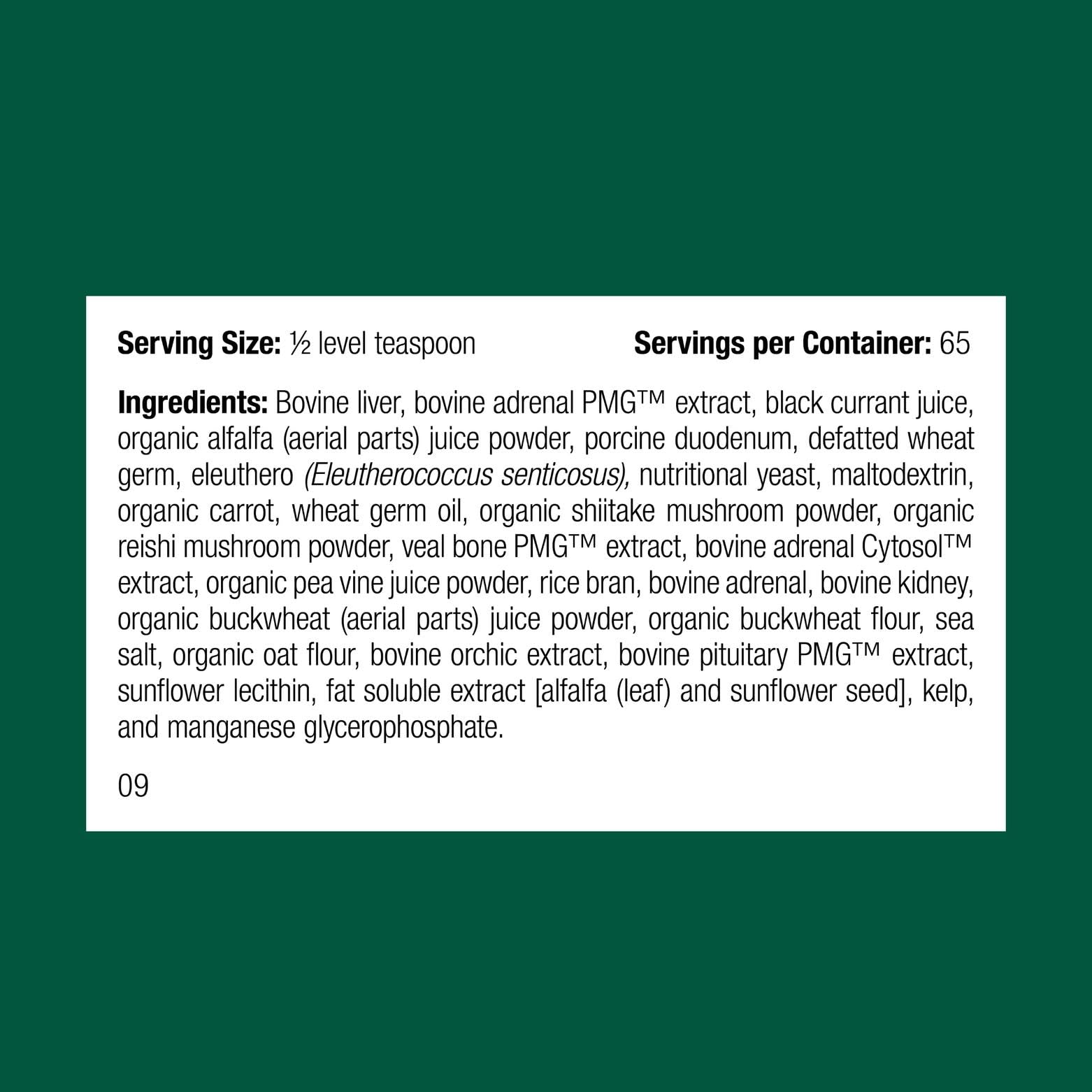 Standard Process Canine Adrenal Support, cuchara medidora para dosis seguras según el peso.