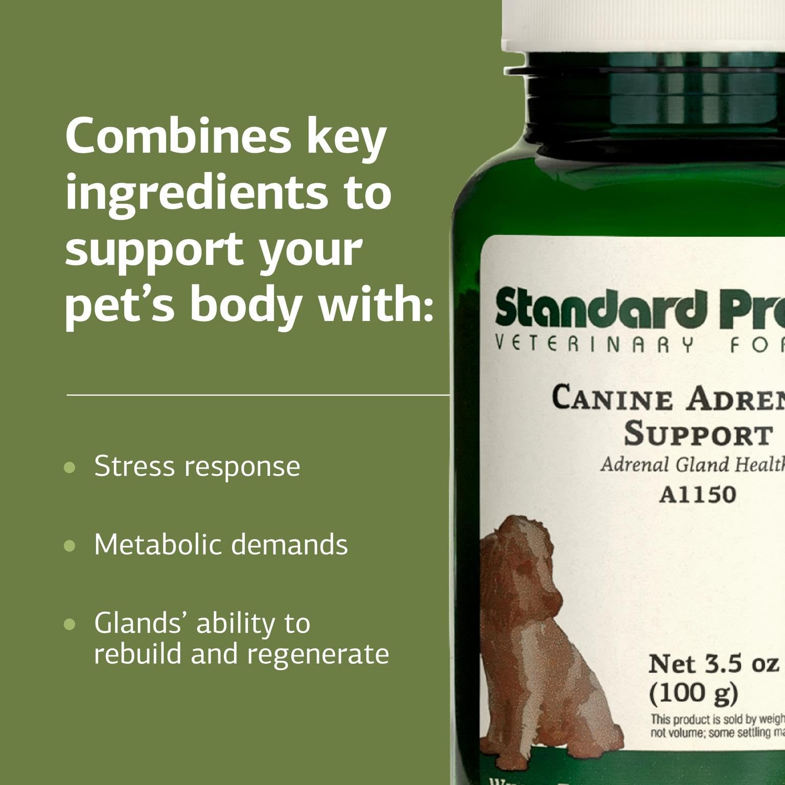 Standard Process Canine Adrenal Support, polvo fino para mezclar fácilmente con comida.