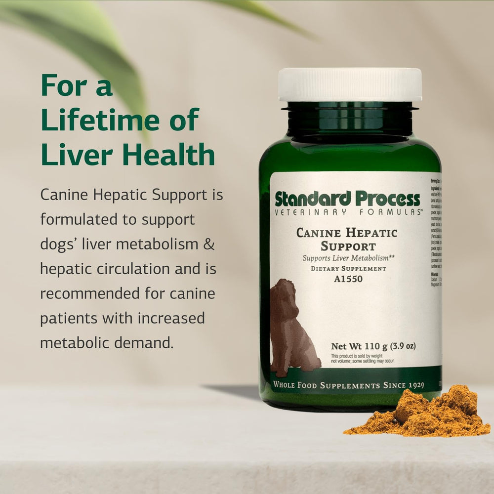 Etiqueta de Standard Process Canine Hepatic Support, resumen de beneficios hepáticos y digestivos.