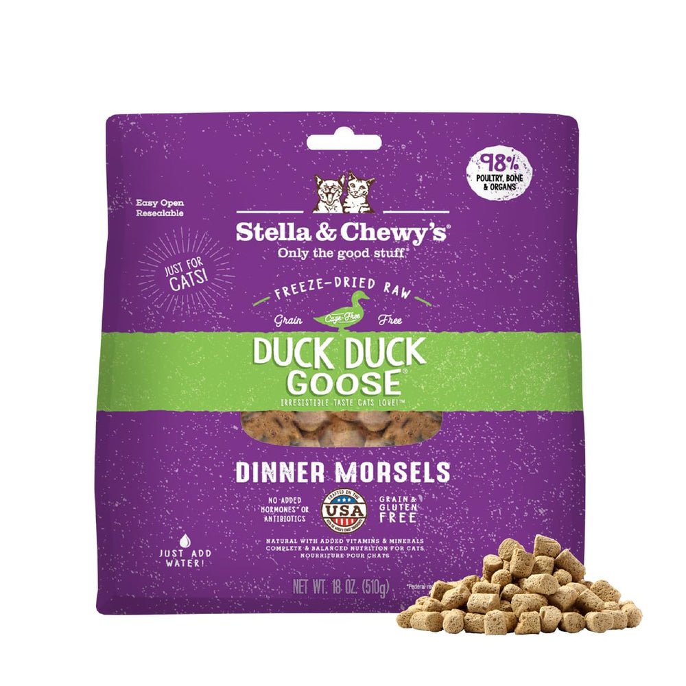 Stella & Chewy's Bocados crudos para gatos con pato y ganso, snack proteico para días activos.