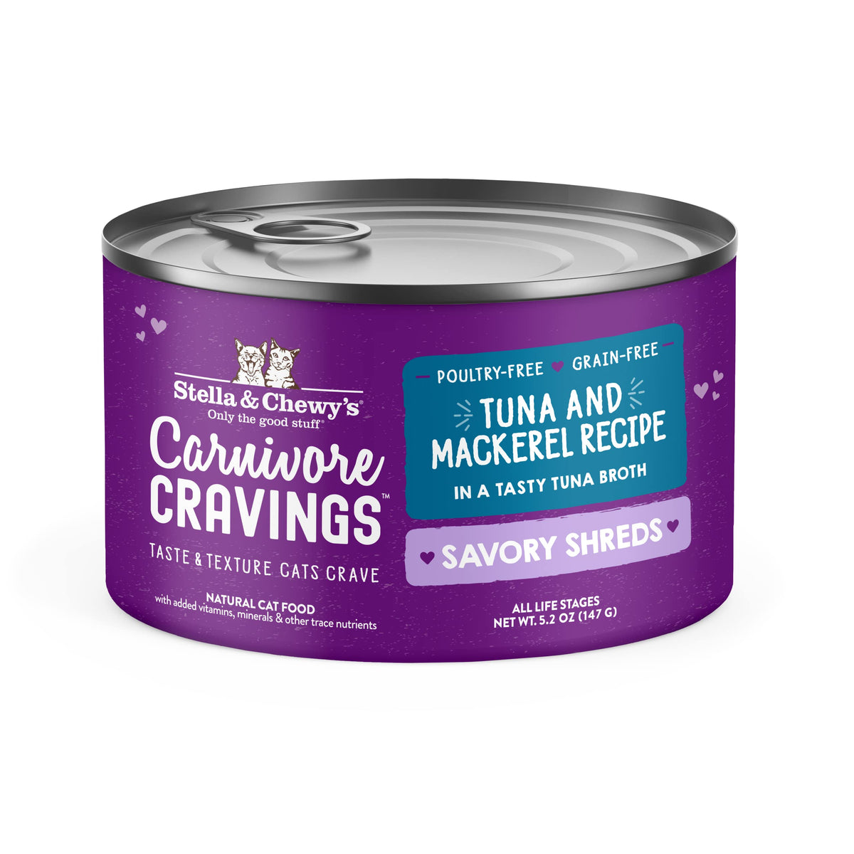 Lata abierta de Stella & Chewy's Carnivore Cravings con trozos en caldo para gatos.