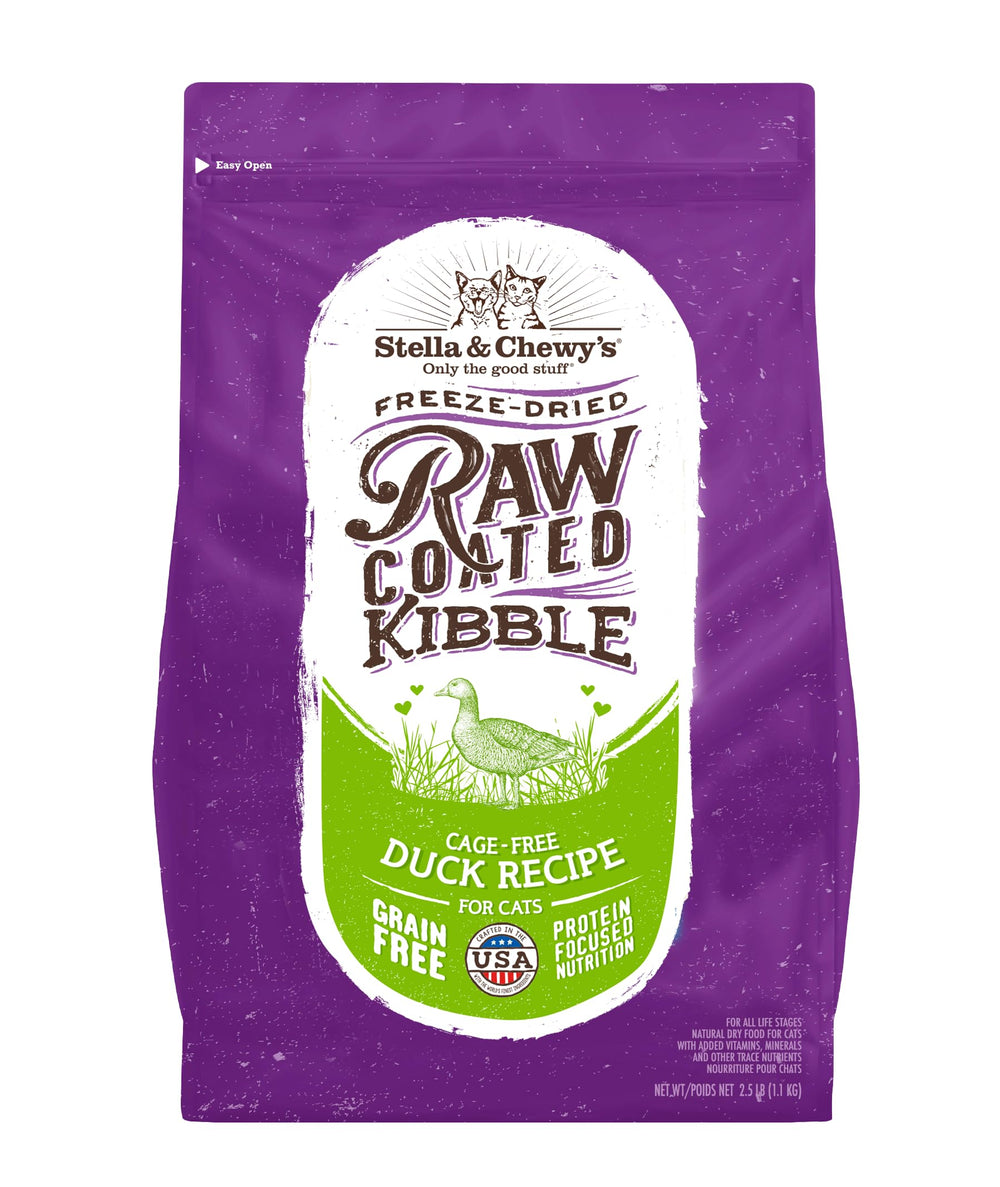 Stella & Chewy's croquettes enrobees crues au canard, appétentes pour chats difficiles.