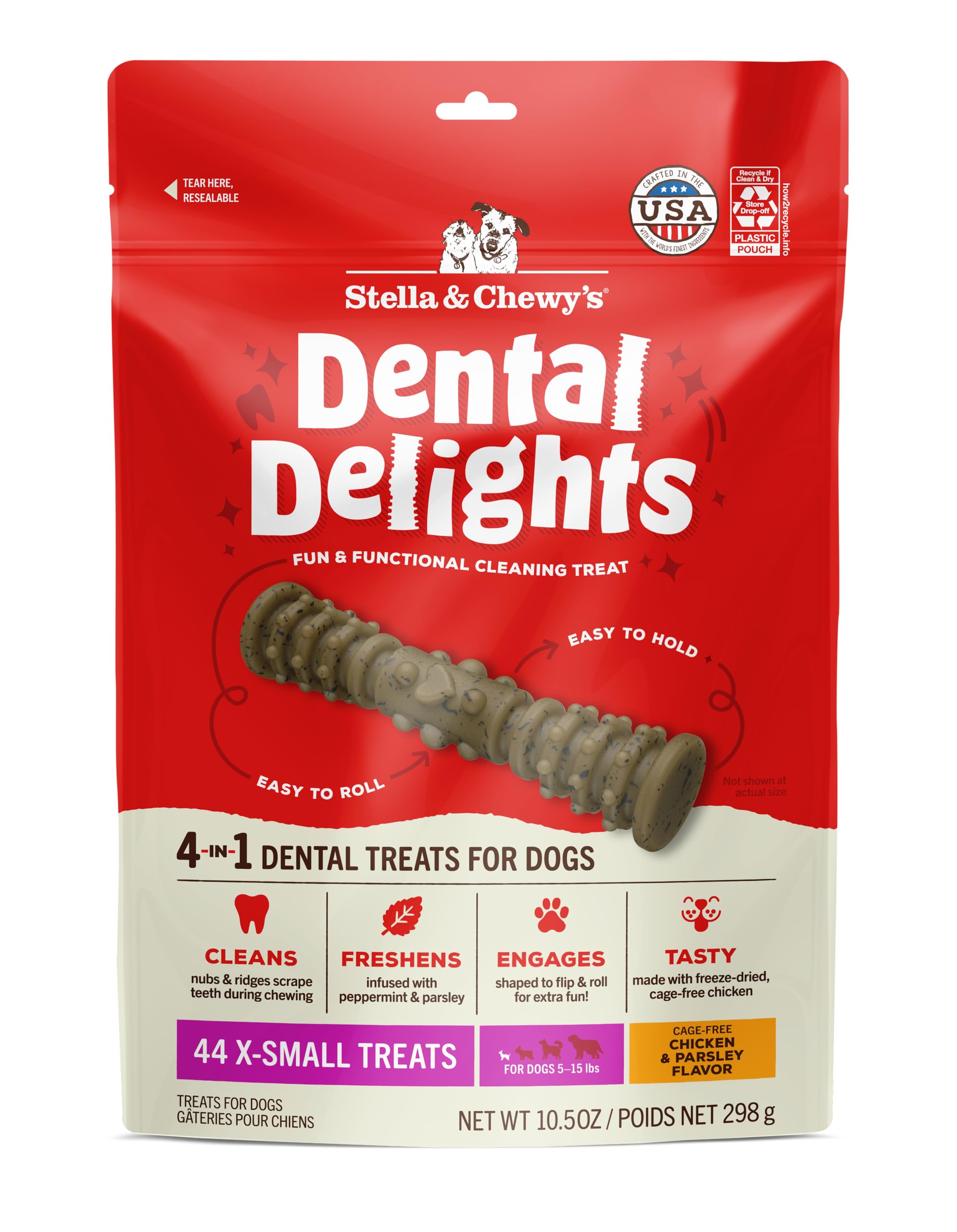 Stella & Chewy's Delicias Dentales en empaque frontal, snack para limpieza bucal potencial.