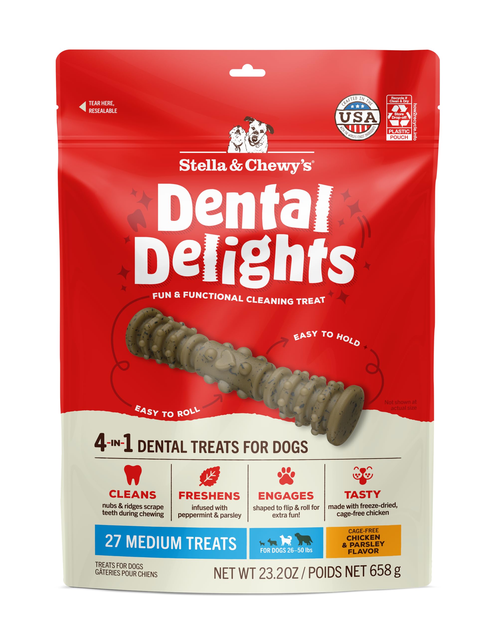 Stella & Chewy's Dental Delights, bolsa para perros, limpieza dental y aliento fresco.