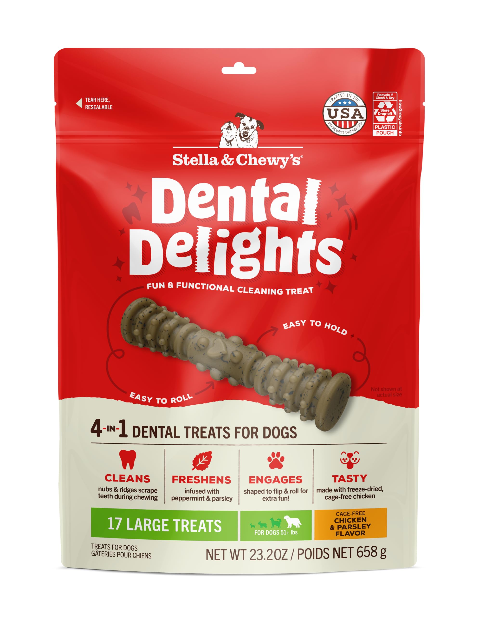Stella & Chewy's Dental Delights con bordes escalonados para limpieza dental suave.