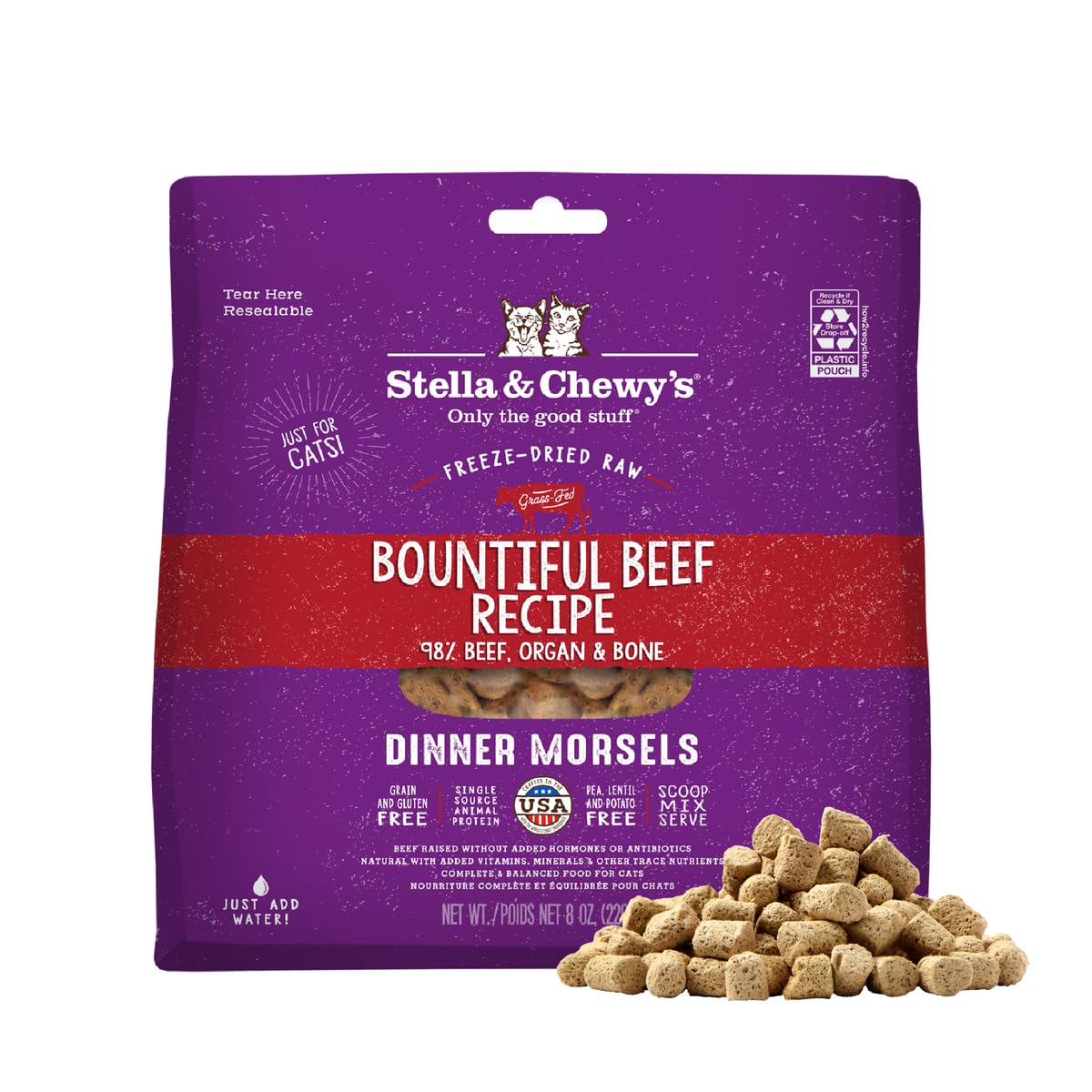 Mordiscos de Stella & Chewy's con res de pasto 98% para gatos.