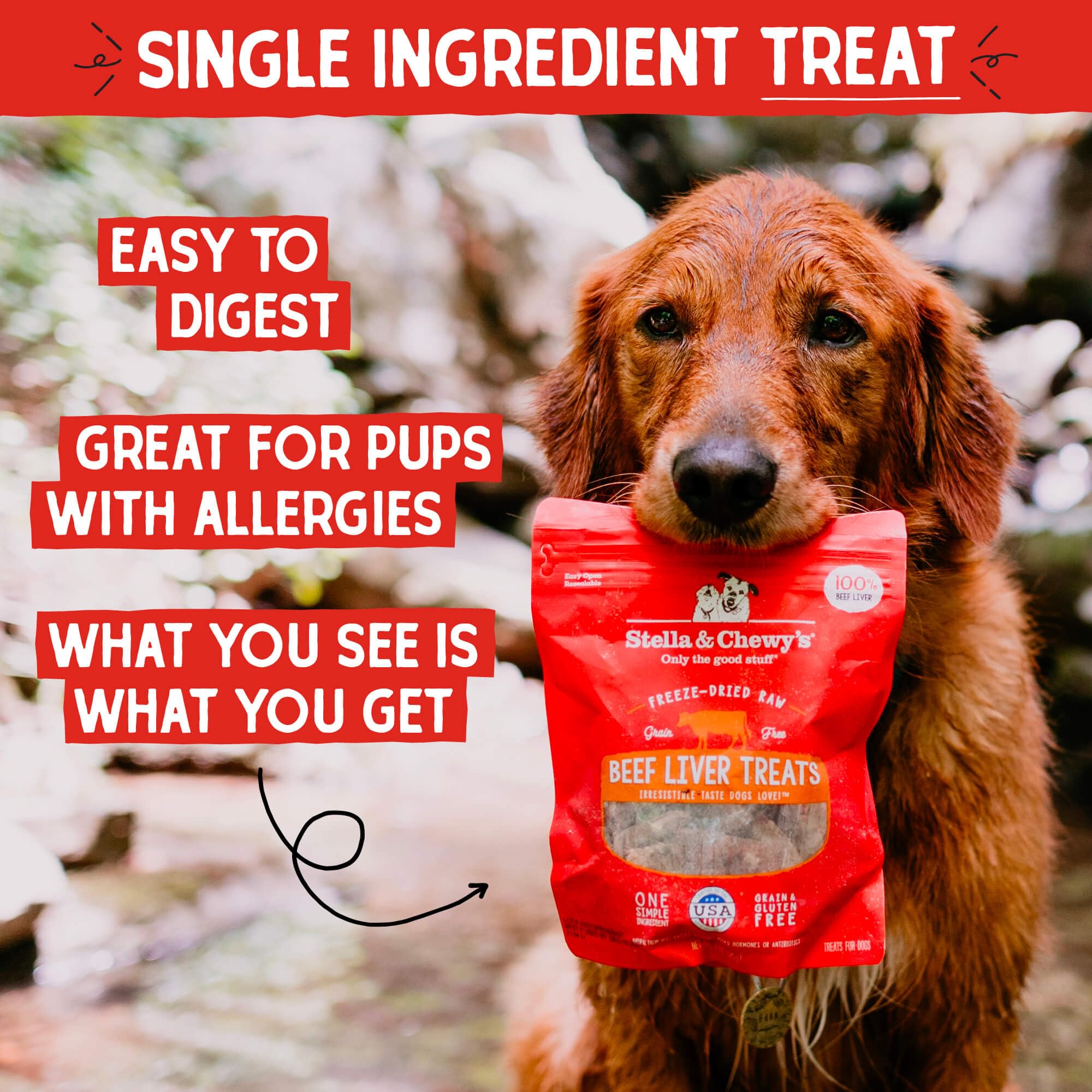 Stella & Chewy's Higado de res deshidratado, sin aditivos para perros sensibles.