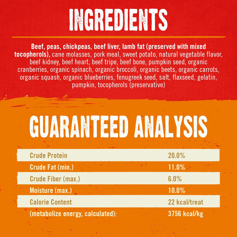 Ingredientes de vaca alimentada con pasto con hígado y corazón en Stella & Chewy's.