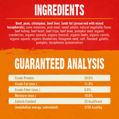 Ingredientes de vaca alimentada con pasto con hígado y corazón en Stella & Chewy's.