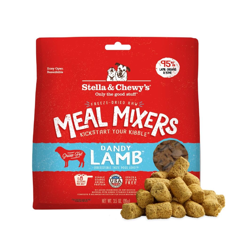 Envase de Stella & Chewy's Lamb Meal Mixers listo para alimentar.