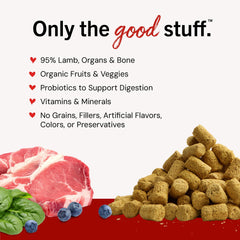 Ingredientes destacan 95% cordero de granja con órganos y huesos visibles.