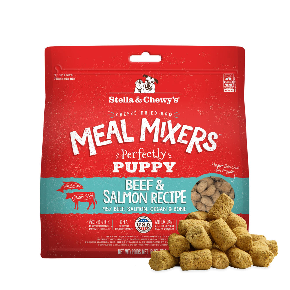 Stella y Chewy's mezcla de comidas crudas para cachorros, empaque 18oz, proteína de alta calidad.