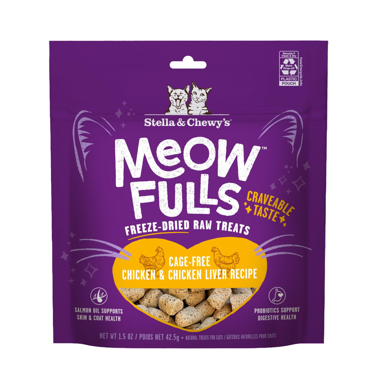 Stella & Chewy's Meowfulls paquete frontal, recompensa sabrosa para entrenamiento diario.