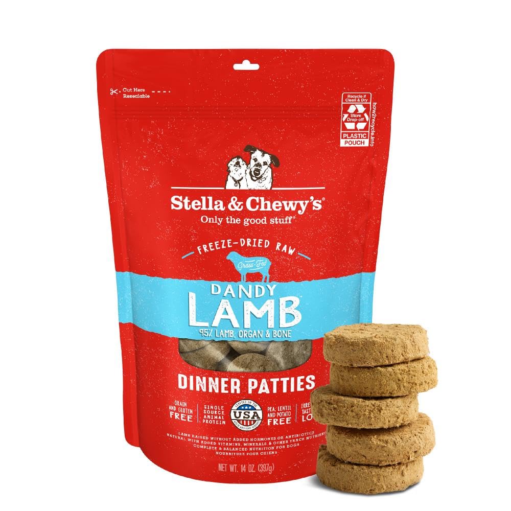 Stella & Chewy's pastilla liofilizada de cordero Dandy, envase visible, ideal como comida completa.