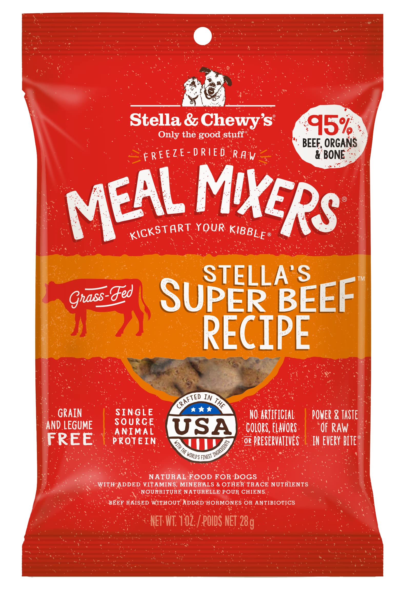Stella & Chewy's res cruda liofilizada, bolsa 1 onza, ideal como topping nutritivo.