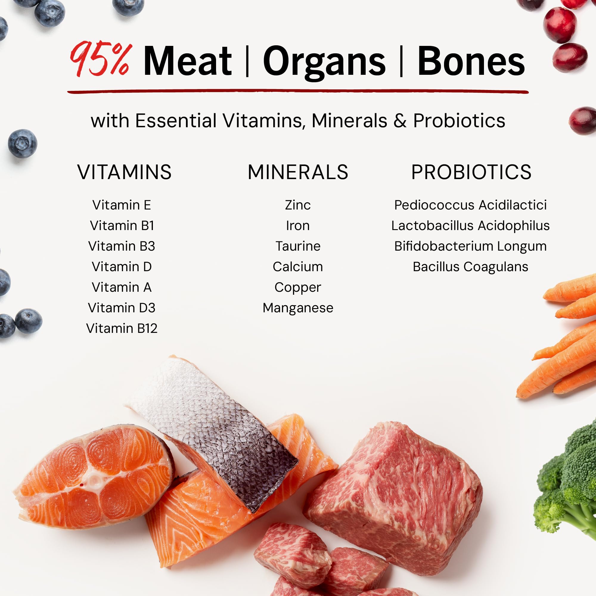 Stella and Chewy's ingredients highlight whole prey elements like salmon, beef, and organs.