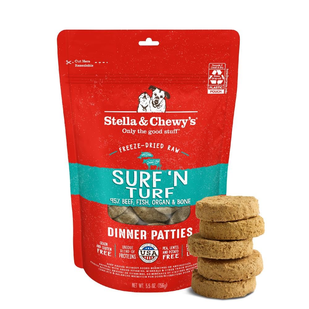 Stella and Chewy's Surf N Turf packaging shows high-protein, grain-free dinner patties.