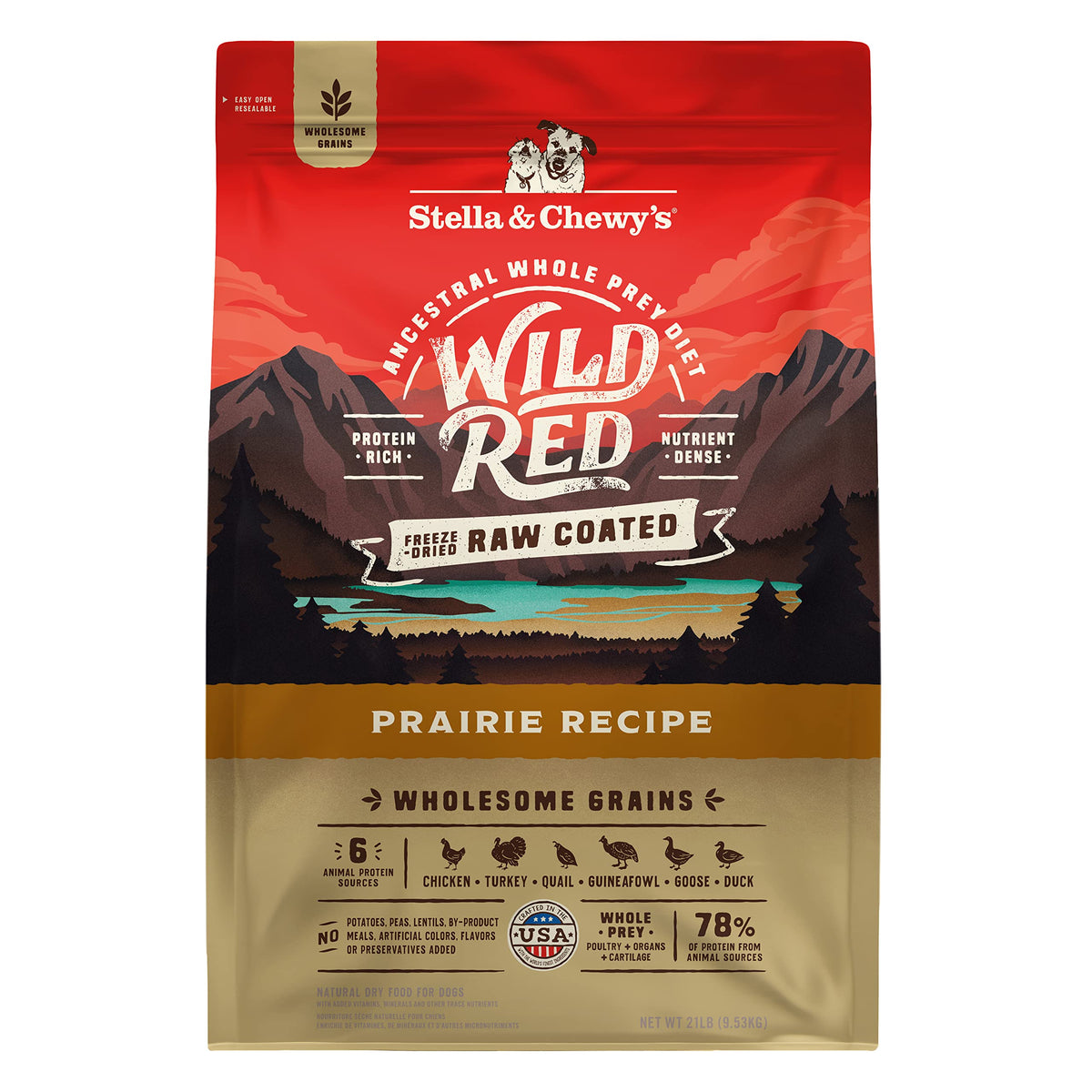 Stella & Chewy's Wild Red, bolsa visible, lista para alimentar con proteína alta.