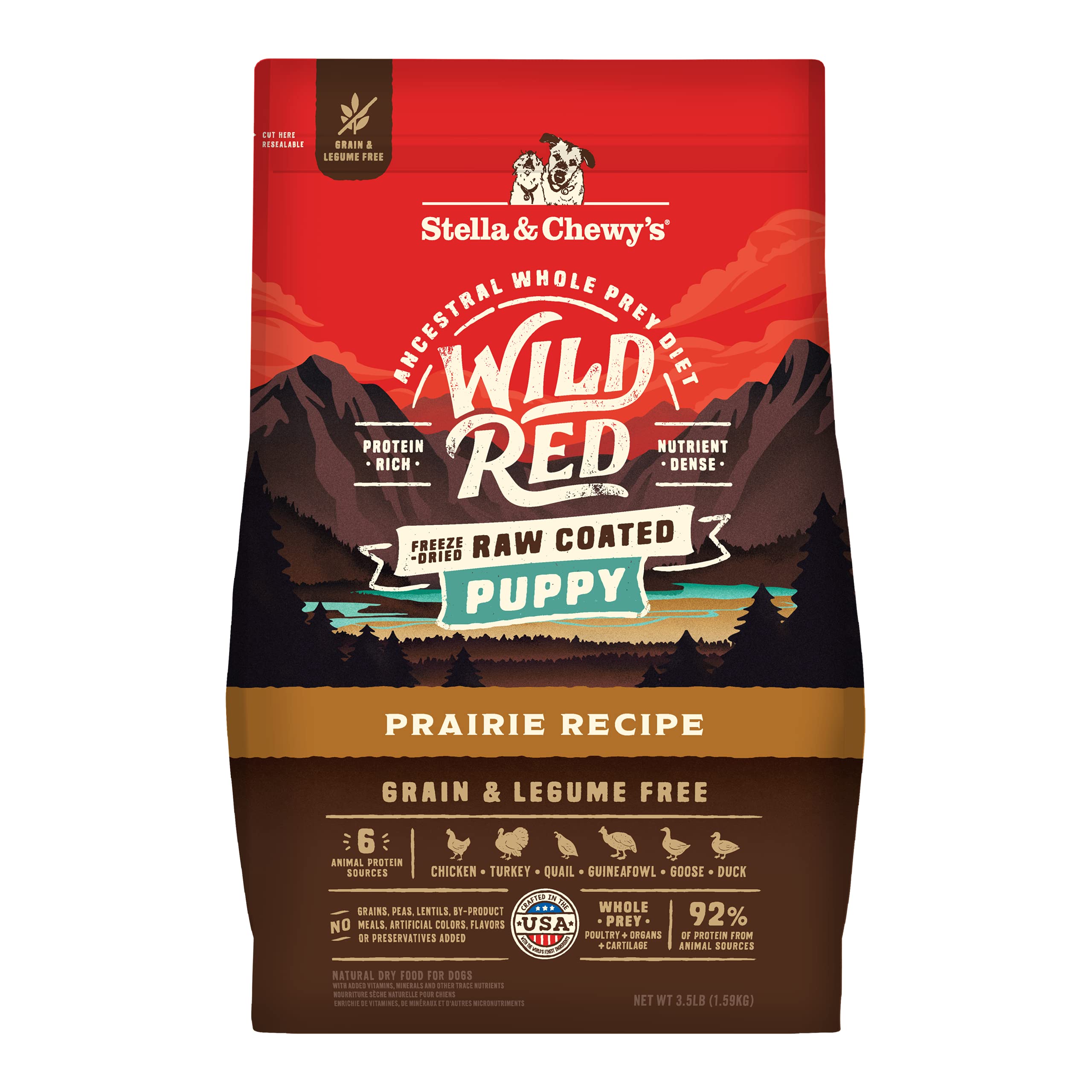 Stella & Chewy's Wild Red Puppy, bolsa de tres coma cinco libras, croquetas sabrosas.