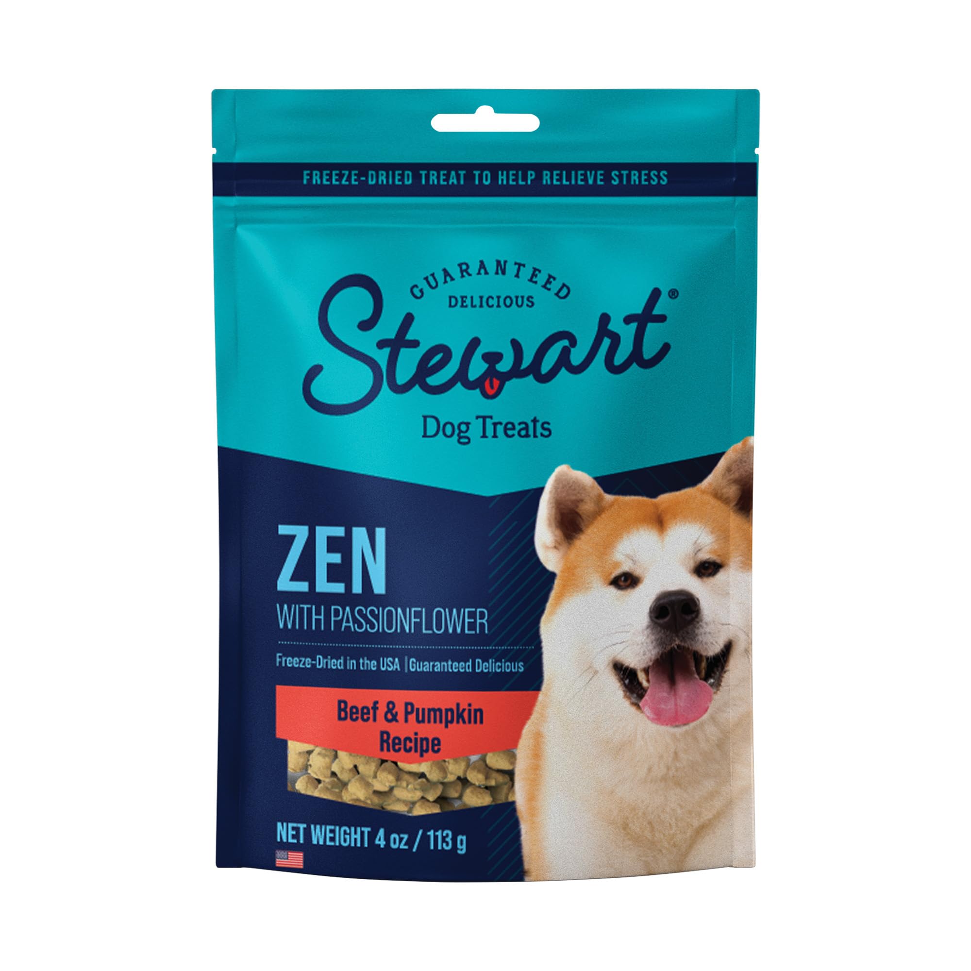 Stewart Zen Beef & Pumpkin: bolsa frontal que sugiere calma para perros.