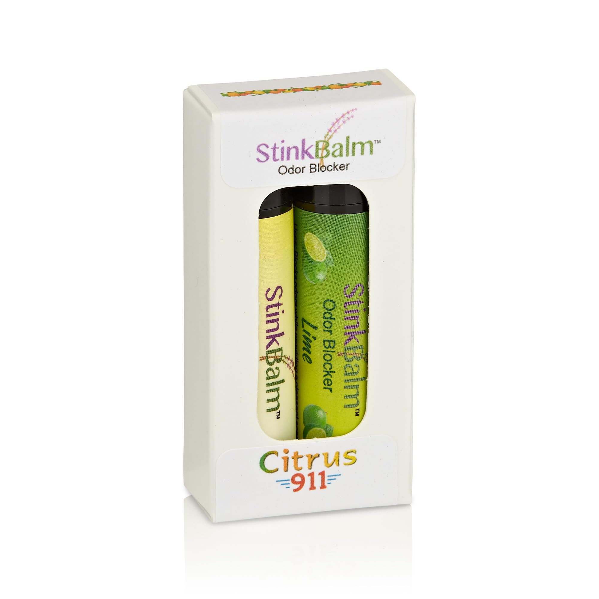 StinkBalm Bloqueador de Olores Citrus 911, empaque frontal para uso diario.