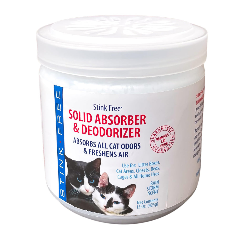 Ambientador sólido Stink Free en envase; purifica el aire y es seguro para gatos.