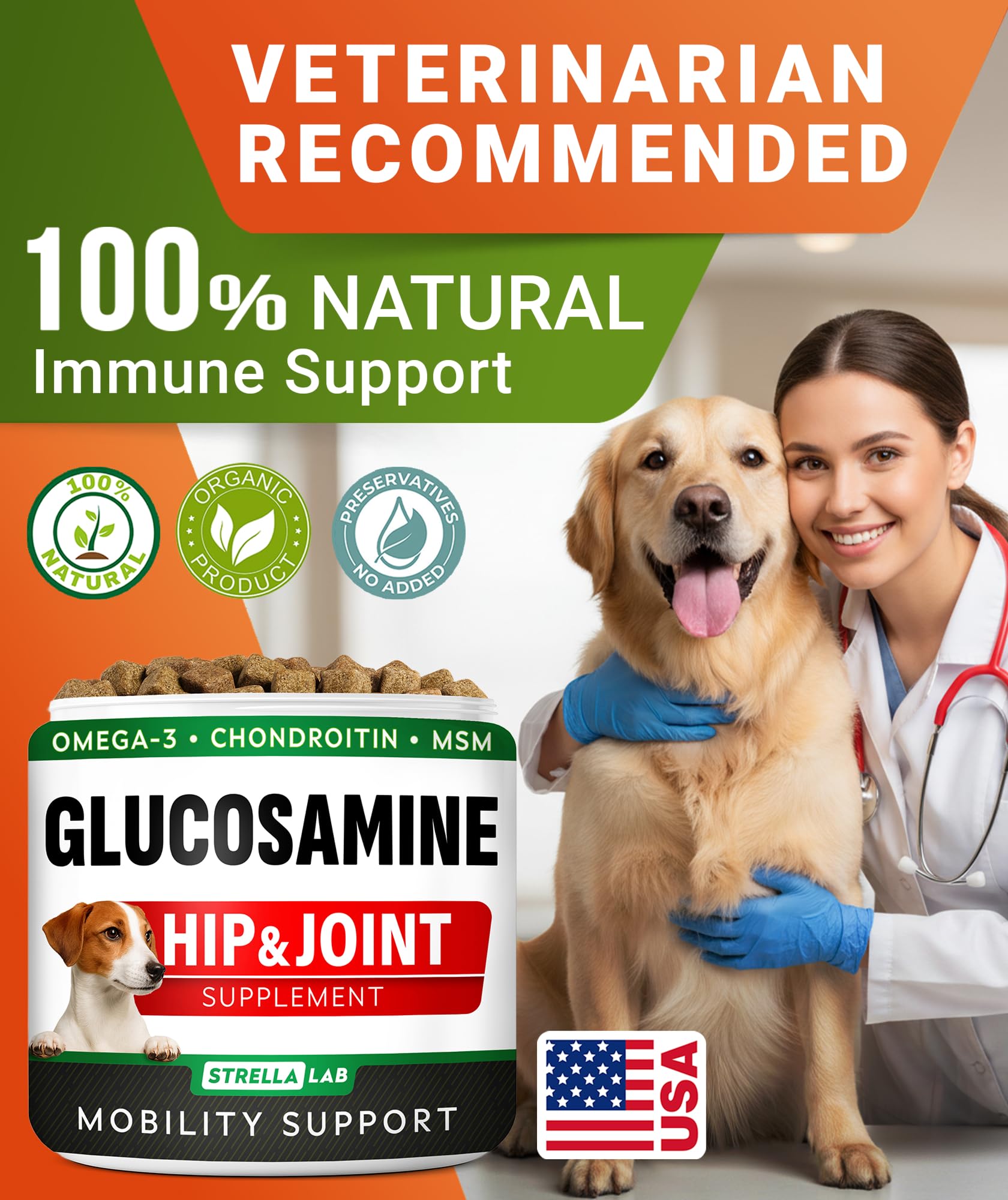 STRELLALAB glucosamina para perros, articulaciones activas para perros de todas las tallas.