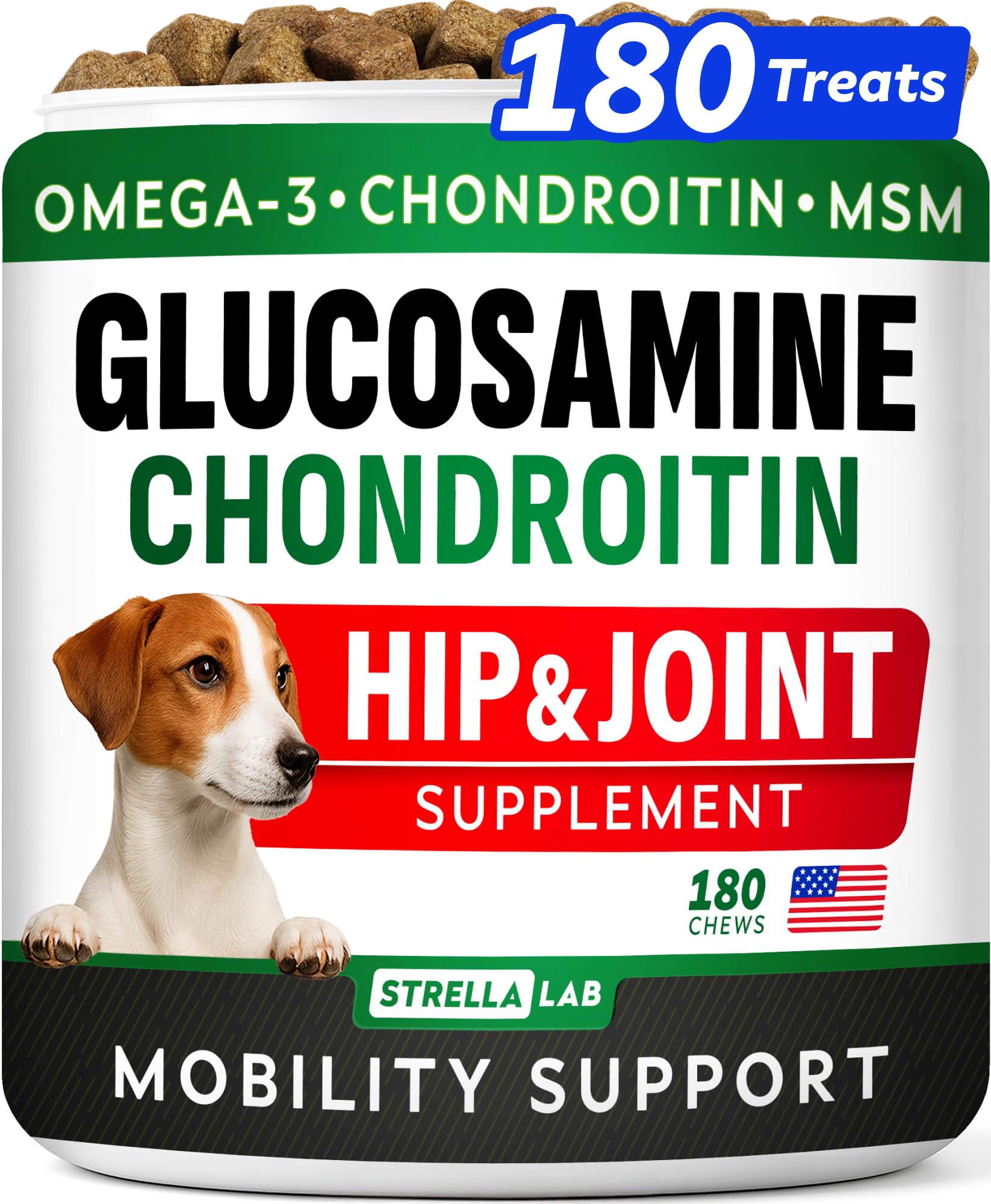 STRELLALAB Glucosamina para perros: masticables en bote para movilidad diaria.