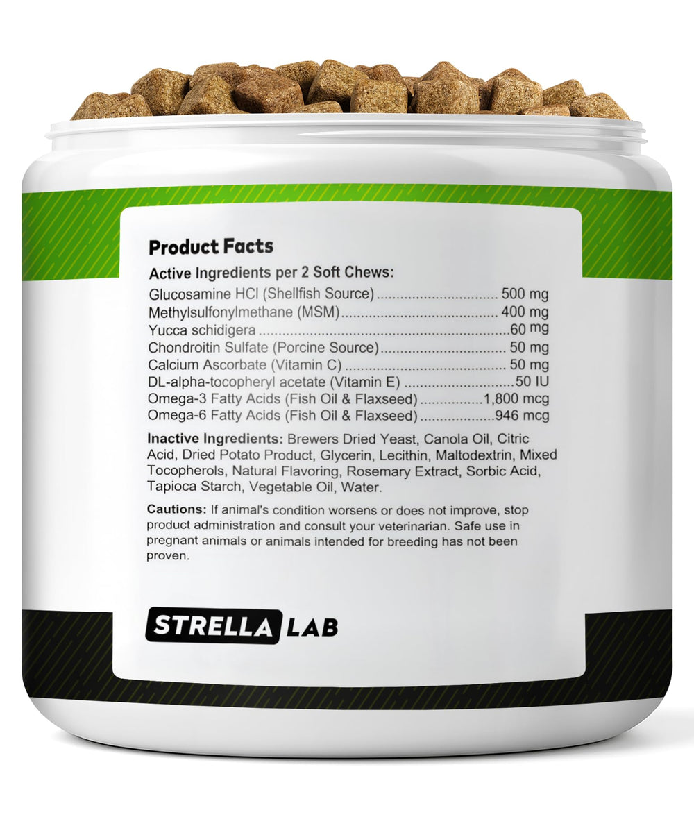 STRELLALAB glucosamina para perros, bocaditos sabor hickory bacon, sabrosos y fáciles de tomar.