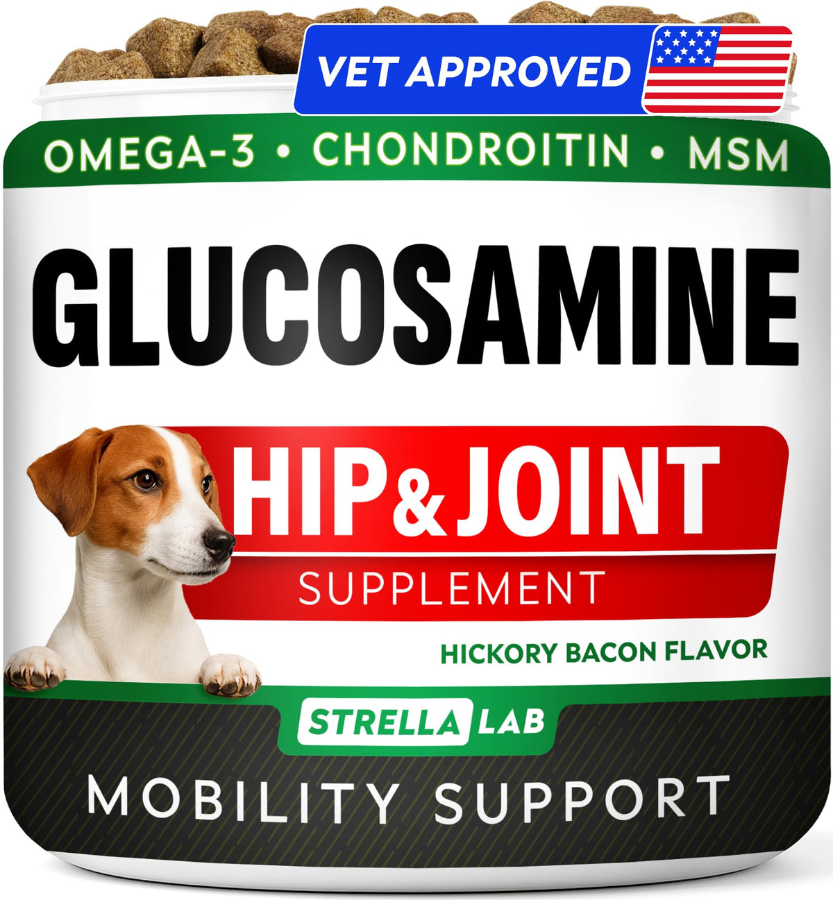 STRELLALAB glucosamina para perros, envase visible, apoya movilidad diaria.