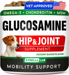STRELLALAB glucosamina para perros, envase visible, apoya movilidad diaria.