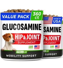 STRELLALAB glucosamina para perros grandes, pack de 360 gomitas que favorecen la movilidad diaria.