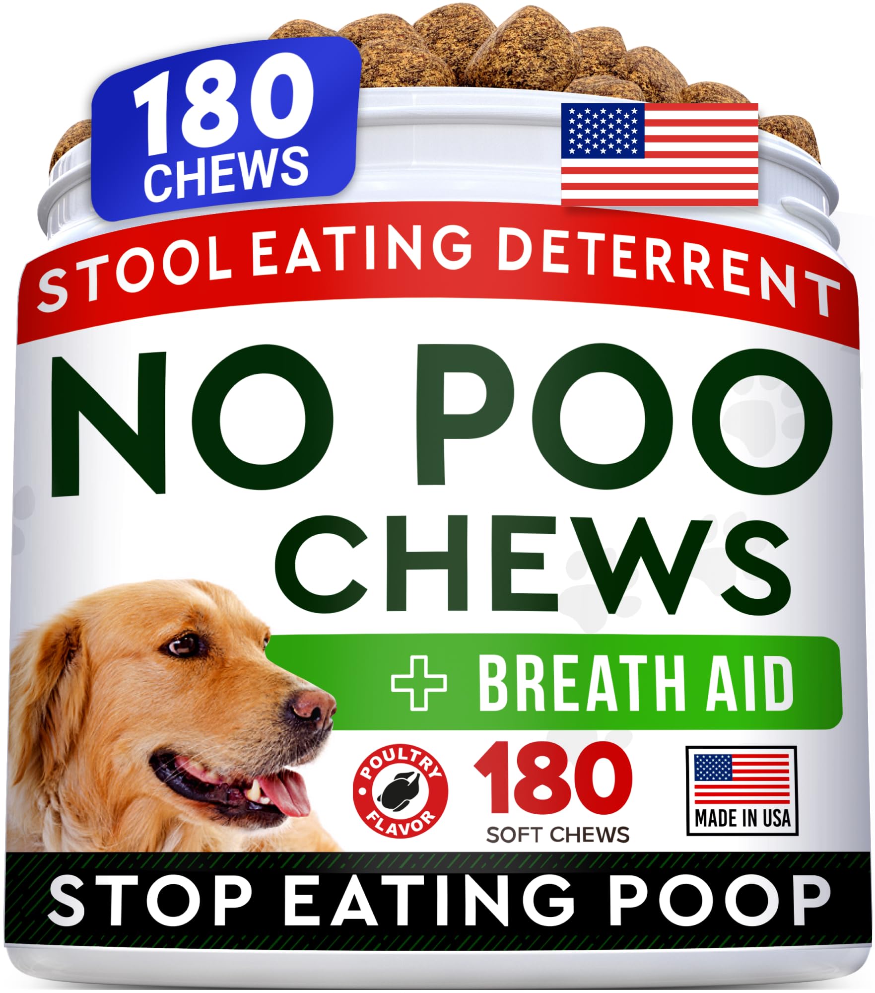 Envase de STRELLALAB No Poo Chews para perros, práctico para usar.